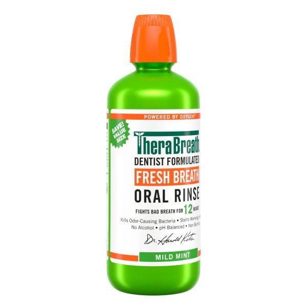 TheraBreath Fresh Breath Oral Rinse Mouthwash, Mild Mint, Alcohol-Free, Dentist Formulated, 33.8 fl oz (Pack of 4)