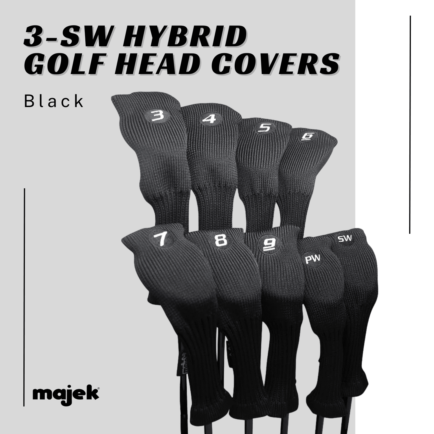 Majek All Hybrid Golf Club Black Headcover Set 3-SW. Neoprene Acrylic Head Covers 3 4 5 6 7 8 9 PW SW