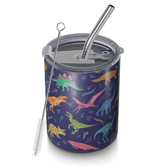 12oz Coffee Tumblers Colorful Cartoon Dinosaurs Plants Pattern Stainless Steel Vacuum Insulated Travel Tumbler Coffee Cups Mug with Lid and Straw with Cleaning Brush for Cold & Hot Drinks