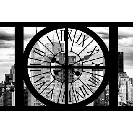 Giant Clock Window - View of Manhattan Skyscrapers with the Empire state Building II Print Wall Art By Philippe
