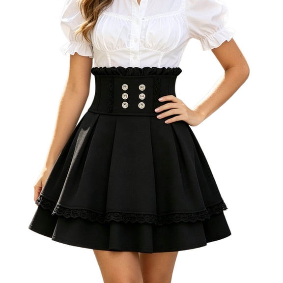 Wxolcjlv Women's High Waist Pleated Mini Skirt Button Decor Lace Goth Short Skirts