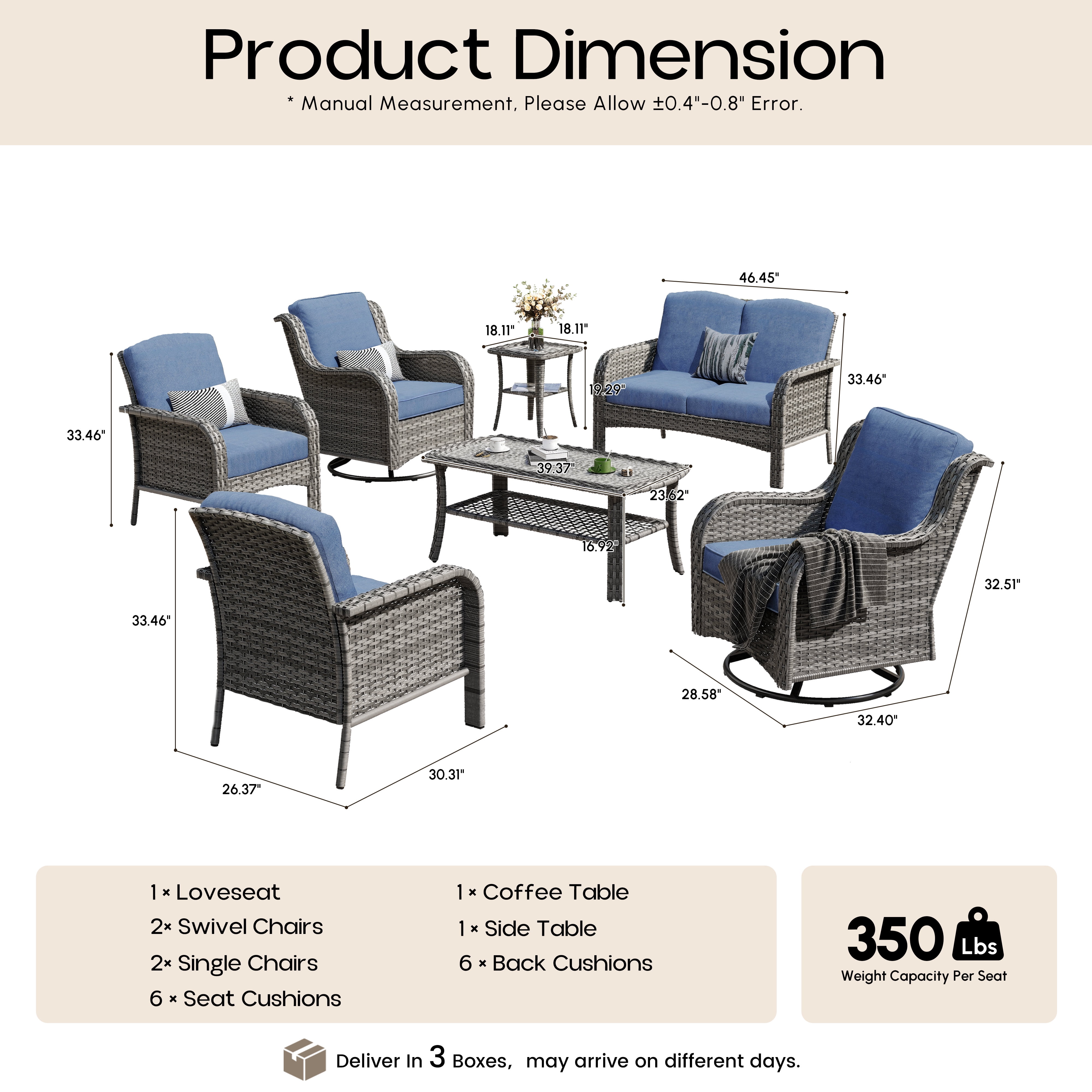 Toject Outdoor Patio Furniture, 7 Pieces Outdoor Conversation Set with High Back Loveseat and Swivel Chairs, All Weather Wicker Outside Furniture with Patio Chairs for Porch, Balcony (Denim Blue)