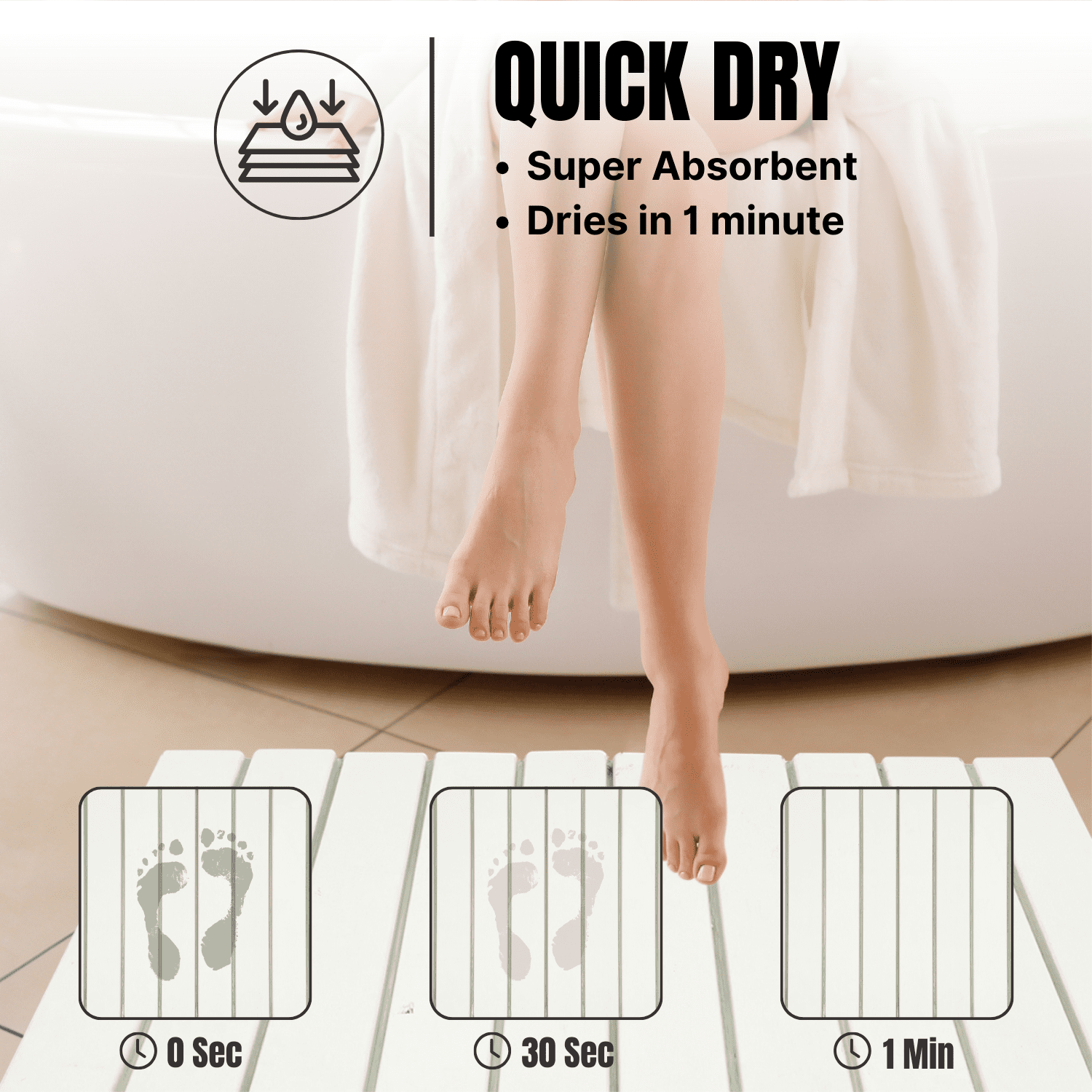 Large Foldable White Diatomaceous Earth Stone Bath Mat 24" x 16" – Quick Dry, Non-Slip, Super Absorbent Shower Mat, Mold & Odor Resistant