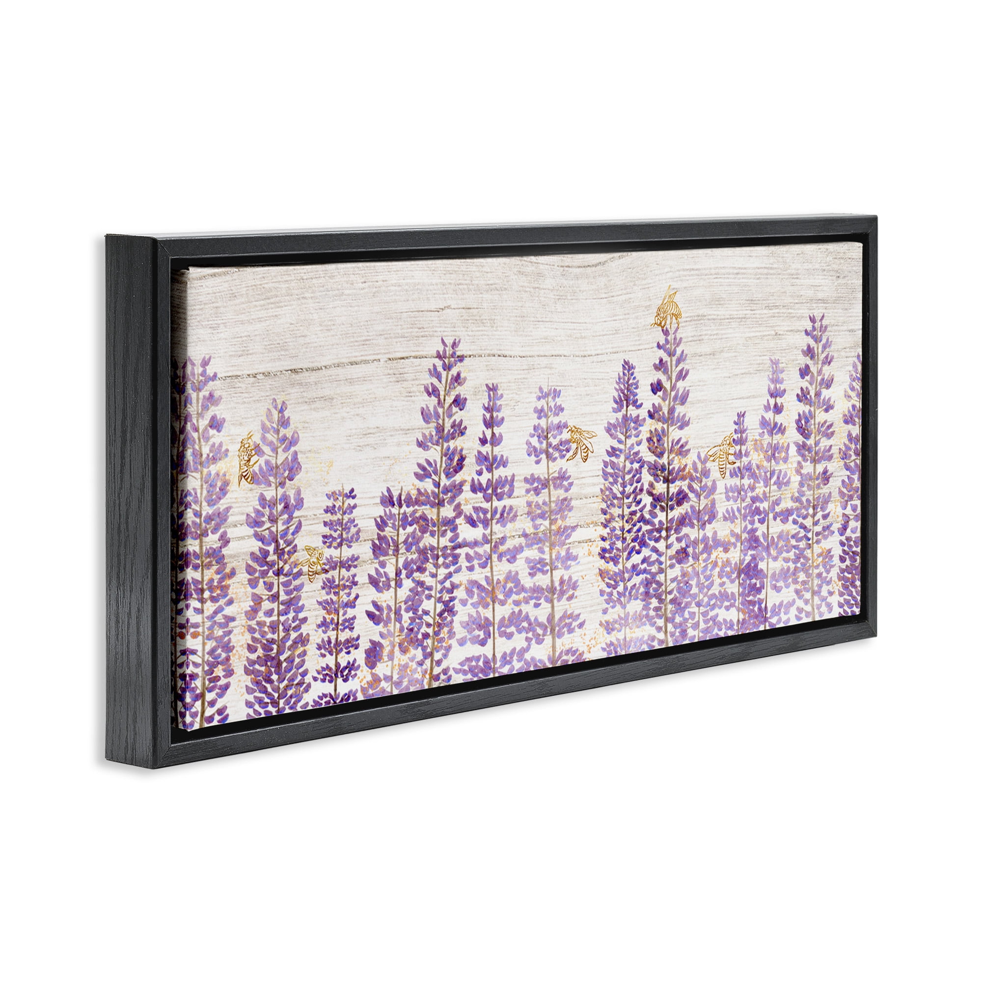 Stupell Industries Rustic Purple Lilacs & Bees Botanical & Floral Painting Black Floater Framed Canvas Art Print Wall Art, 25 x 11