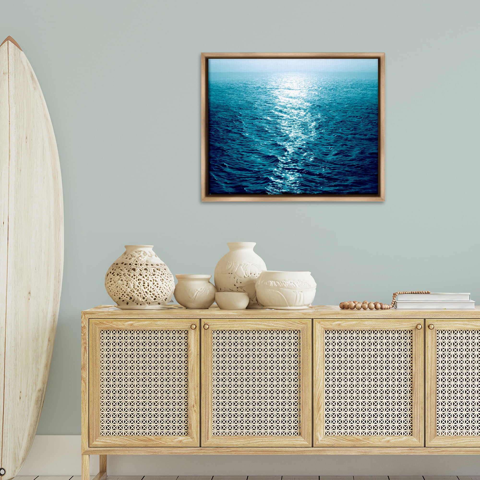Stupell Industries Sun Reflected Ocean Ripples Landscape & Nature Photography Brown Floater Framed Canvas Art Print Wall Art, 31 x 25