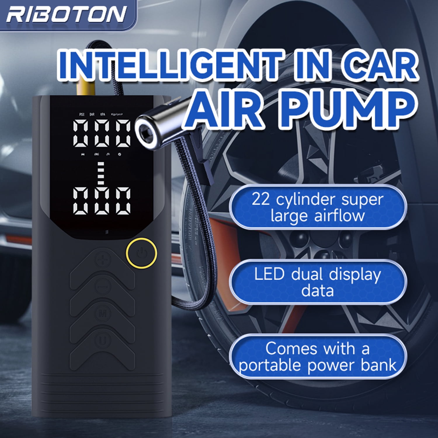 Portable Tire Inflator - Cordless Air Compressor with 150 PSI, 10000mAh Rechargeable Battery, Digital Pressure Gauge, LED Light, Auto Shut-Off for Cars, Bicycles, Motorcycles, and Sports Balls