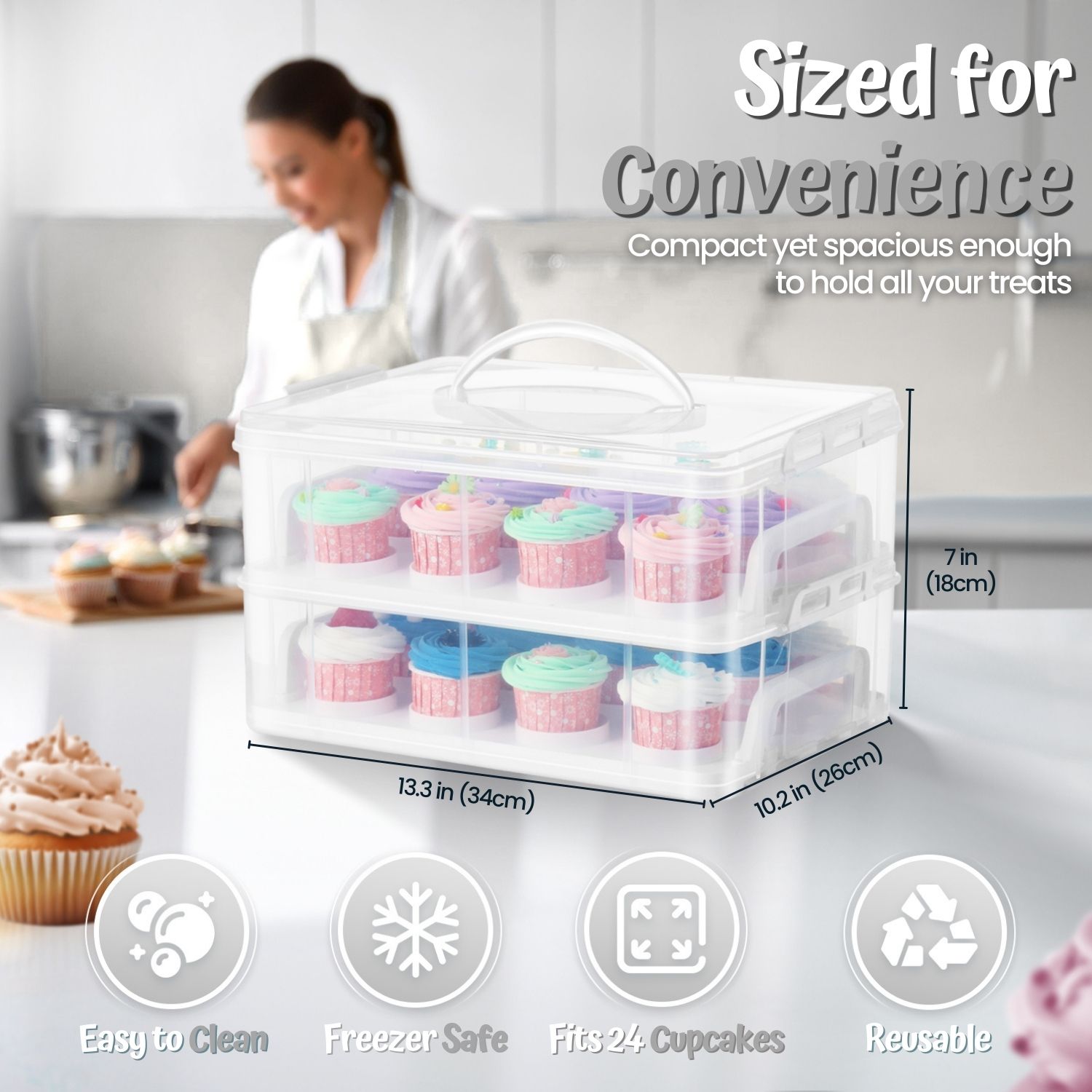 Cupcake Carrier Holder Container Box (24 Slot, 2 Tier) - 24 Cupcakes Slot or 2 Large Cakes Pastry Clear Plastic Storage Basket Taker Courier with 2 Tier Stackable Layer Insert (Clear)
