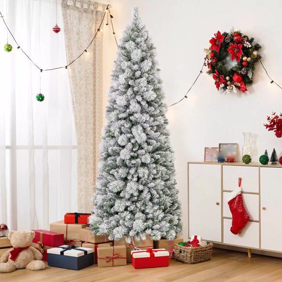 Harmijoy 7 FT Pop up Artificial Christmas Tree, Pre-Lit Snow Flocked Xmas Tree w/ 680 PVC Tips & Pine Needles, 200 Warm White LED Lights, Metal Stand, Seasonal Home Office Party Holiday Decoration