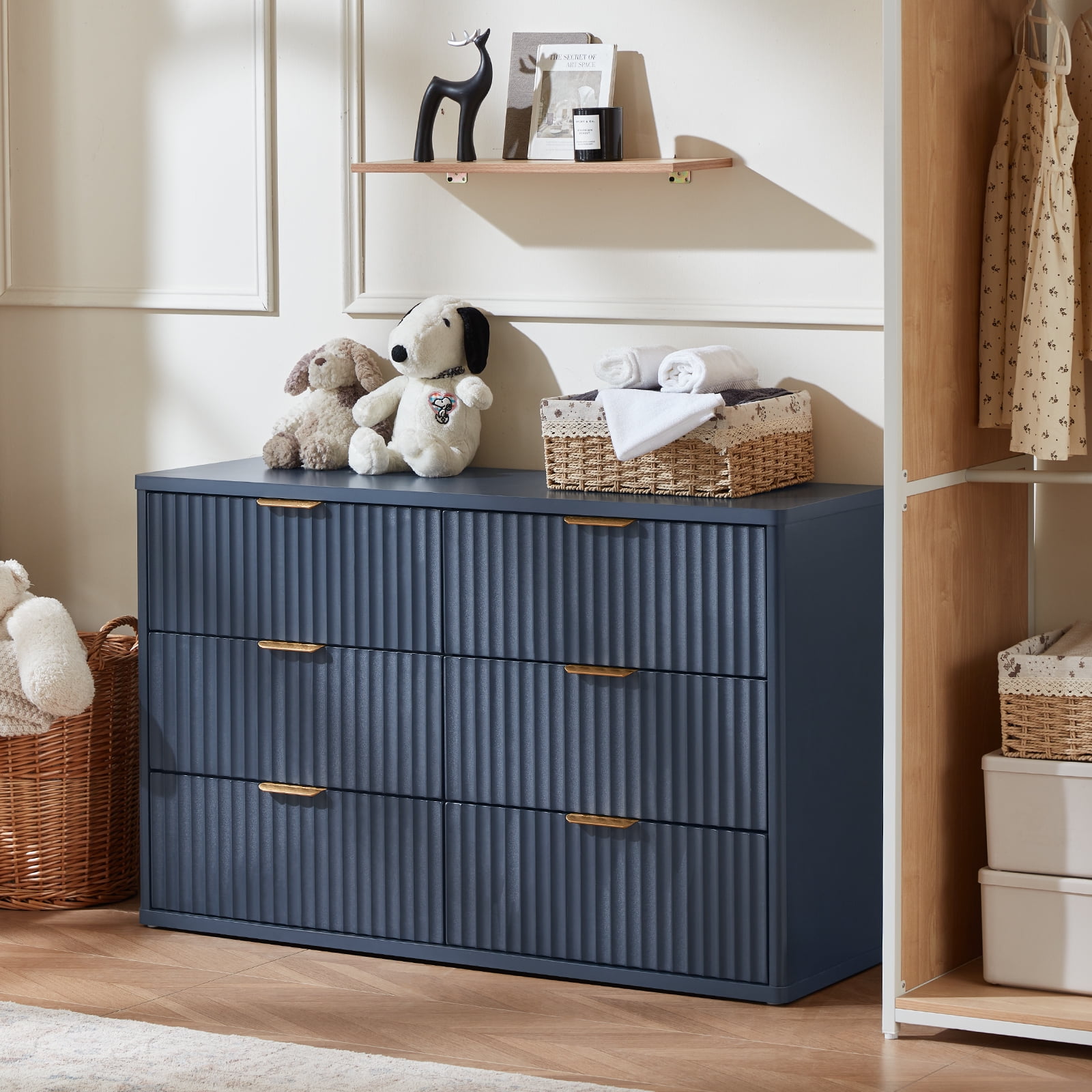 6 Fluted Drawer White Dresser, 48"H Wide Storage Cabinet with Upgraded Stable Base, Vertical Chest for Bedroom Living Room, Blue