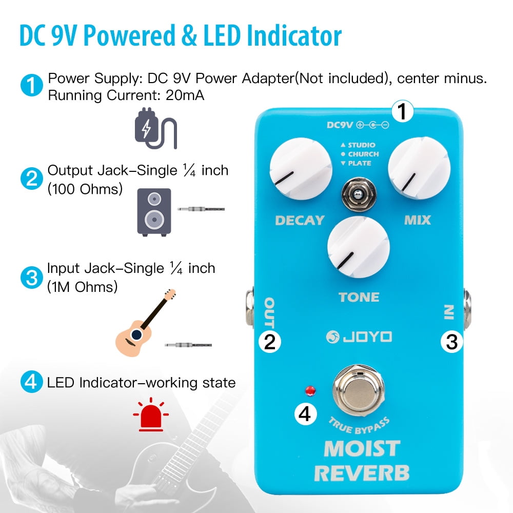 JOYO JF-20 MOIST Aluminum Alloy Digital Reverb Guitar Effect Pedal, 3 Reverb Modes with True Bypass for Electric Guitar