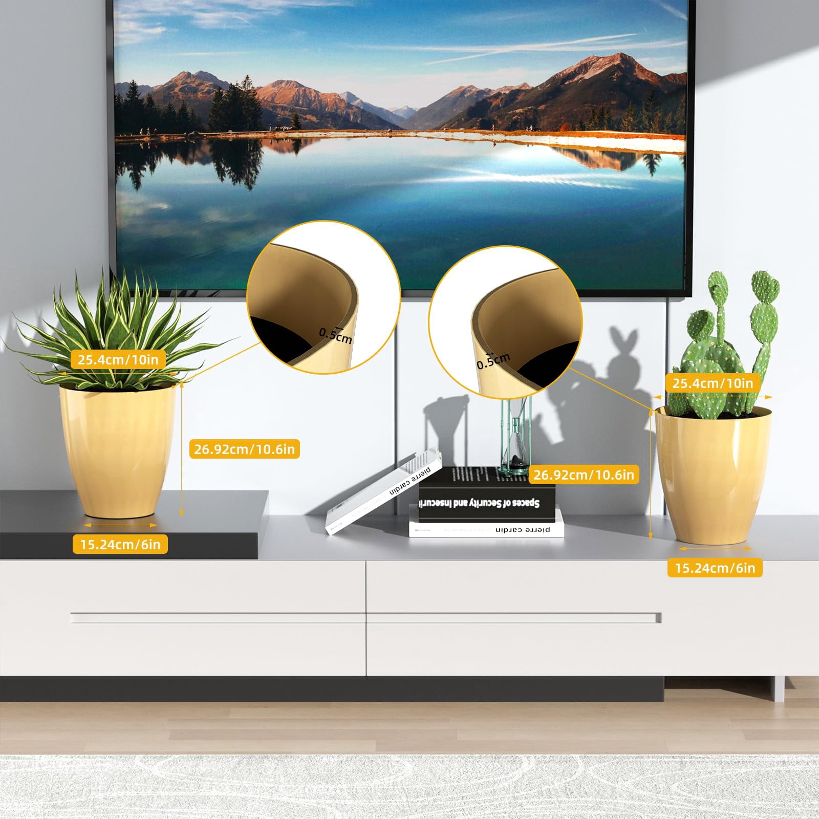 Plant Pots Set of 2 Pack,10 Inch Plant Pot for Indoor,Planter with Drainage Hole,Flower Pots Modern Round Planters for Outdoor Garden Home,Golden