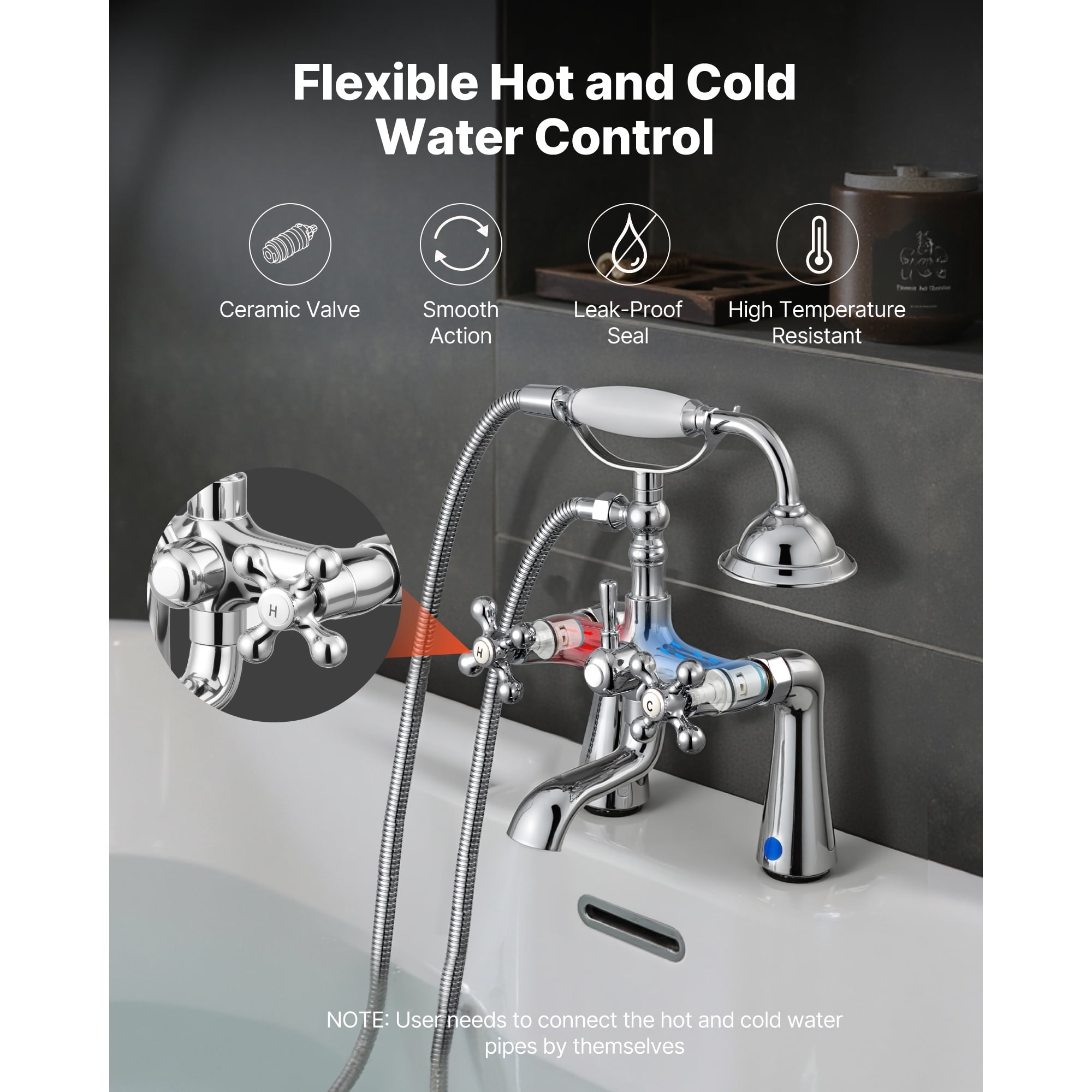 KFFKFF Clawfoot Tub Faucet, Deck-Mounted Bathtub Faucet with Handheld Shower, Classic Polished Chrome Tub Filler with 360° Swivel Spout & 59-Inch Hose for Bathtubs