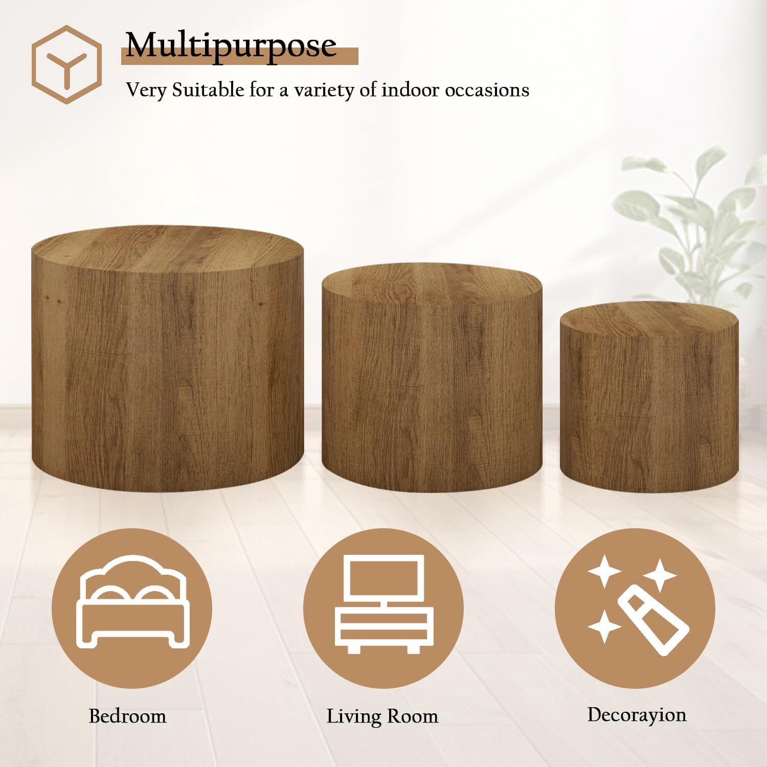 LAZZO Nesting Round Coffee Table Set of 3, Modern Wooden Accent Side Table, Space-Saving Table for Living Room Bedroom, Brown