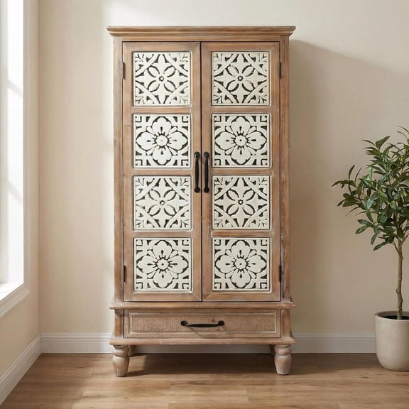 55.12'' Tall Storage Cabinet, Farmhouse Accent Cabinet with 2 Doors and Drawer, Rustic Wood Sideboard Pantry Cabinet with Adjustable Shelves for Home