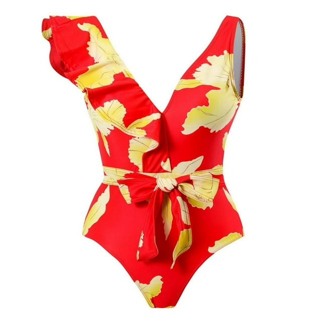 Womens One Piece Swimsuits Ruffle Asymmetric Shoulder Swimwear Tummy Control Tie Front Monokini Bathing Suits