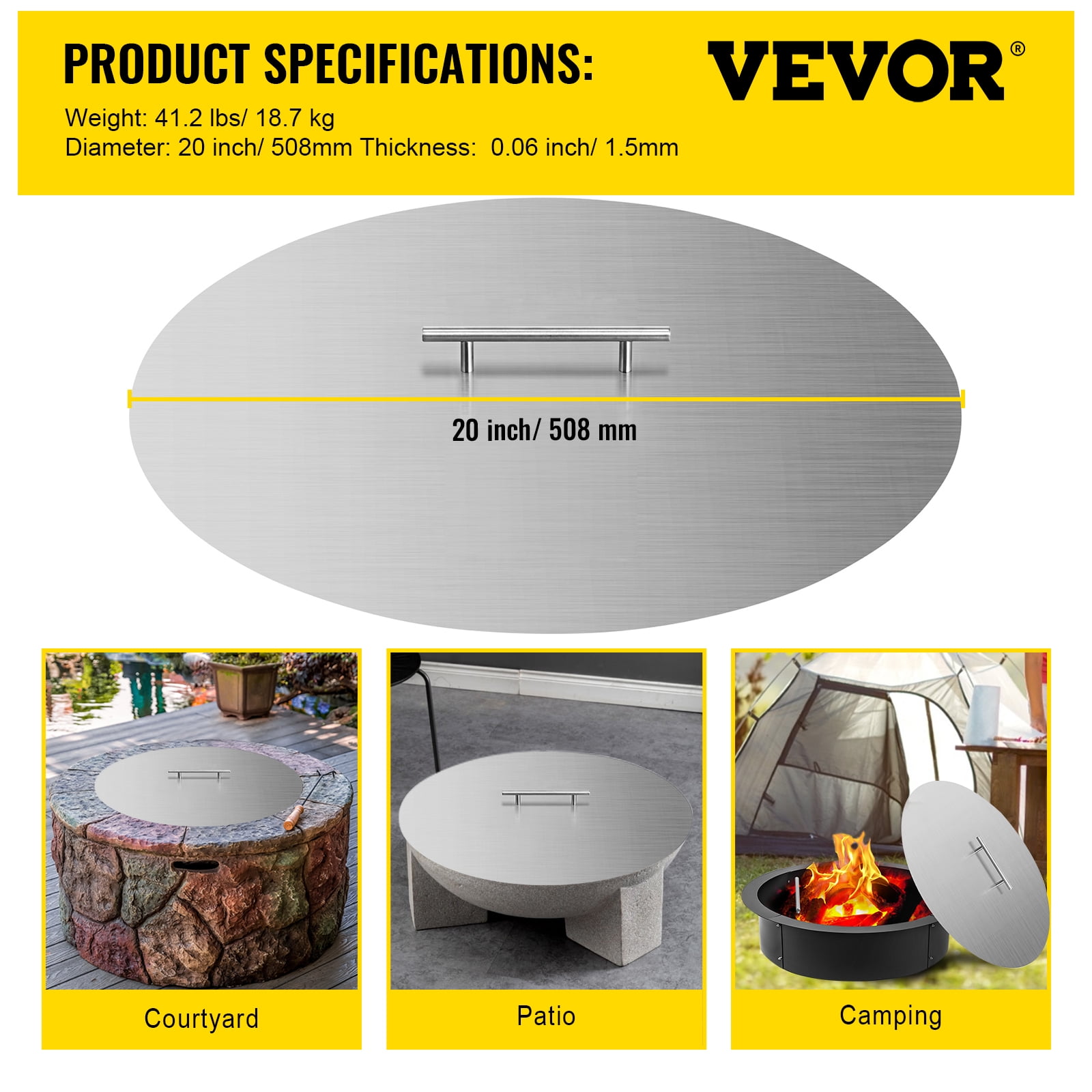 VEVOR 20" Fire Pit Lid&nbsp;Round Fire Ring Lid Cover 1.5mm Thick 430 Stainless Steel Burner Pan Cover for Patio Fire Pit Pan