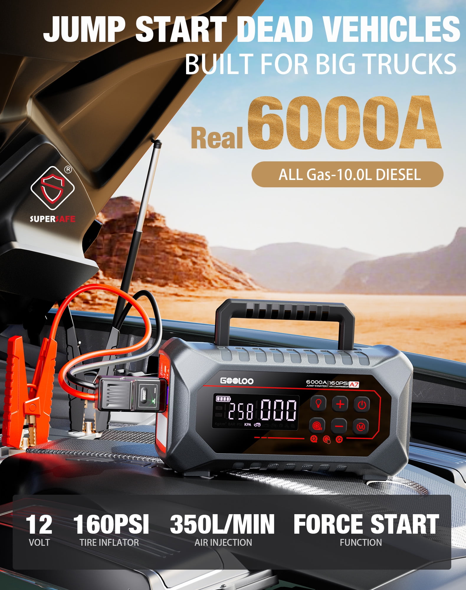 GOOLOO A7 Jump Starter with Air Compressor, 6000A 12-in-1 Jump Box for All Gas Engines & Up to 10L Diesel, 160 PSI Tire Inflator & Air Pump (Inflate/Deflate) with USB-C PD and LED Emergency Light