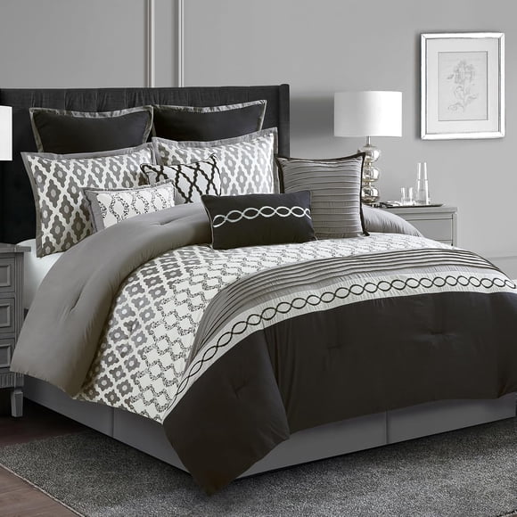 California King Comforter Set, Black, 10 Piece Bed in a Bag for All Seasons, Luxury Extreme Comfort Bedding Sets with Bedskirt, Pillow Shams, Euro Shams and Decor Pillows