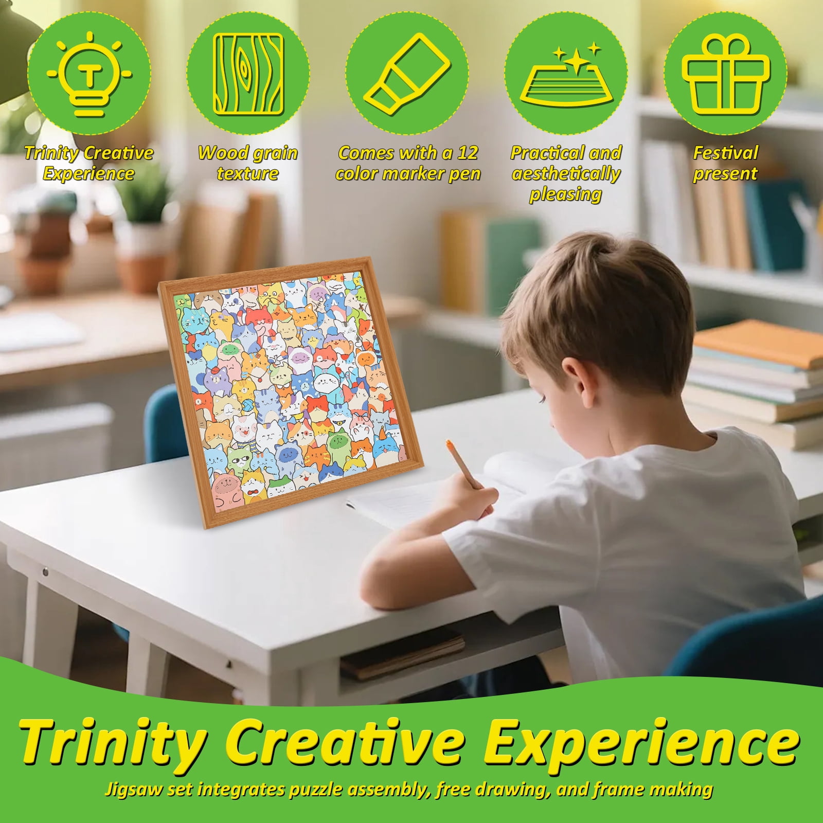 Wooden Coloring Puzzle with 12 Color Marker Glue Instruction Diagram Assembly Drawing Cat/Dog Coloring Puzzle DIY Doodling for Children and Teenager