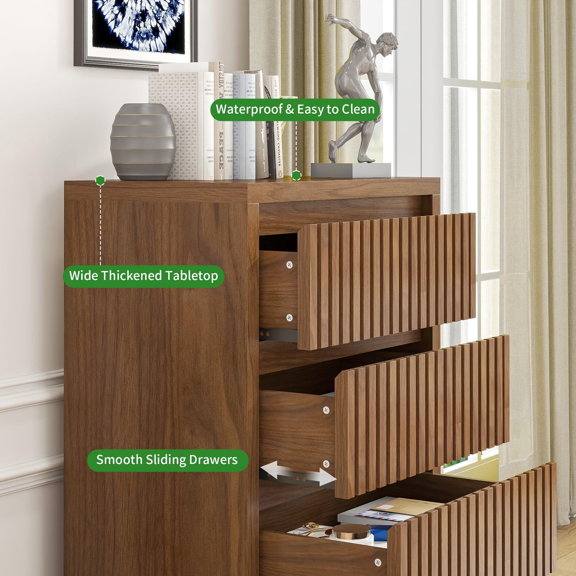 Fluted 4 Drawer Dresser, Mid Century Wood Chest for Bedroom, Modern Closet Clothes Storage Organizer, Walnut Brown Wooden Cabinet