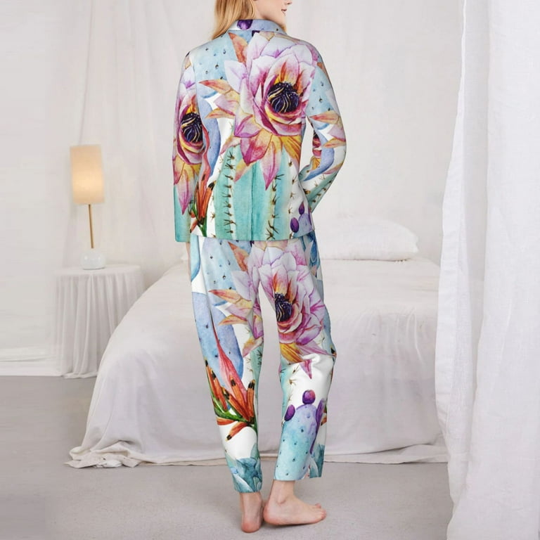 Junzan Cactus Print Womens Pajama Sets,Long Sleeve Button Down For