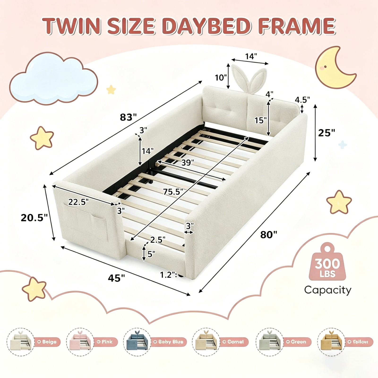 Deiokin Twin Size Bunny Ear Platform Bed Frame, Upholstered Boucle Fabric Bed Frame with Safety Rail & Storage Pocket