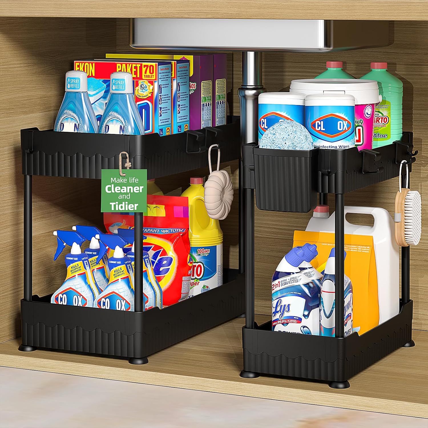 RGHJAR-2 Pack Under Sink Organizer, Under Bathroom Cabinet Organizer with Hooks Hanging Cup, Multi-Purpose Storage Shelf for Kitchen Bathroom, Black
