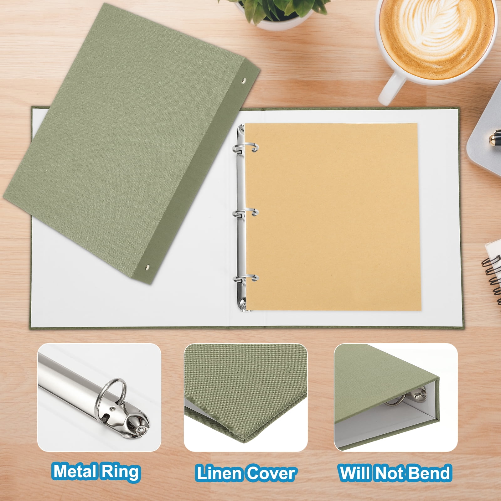 Uxcell 3 Ring Binder, A4 Size Flexible Round Binder Big Capacity Linen Planner Binder for Business Home Classroom, Green