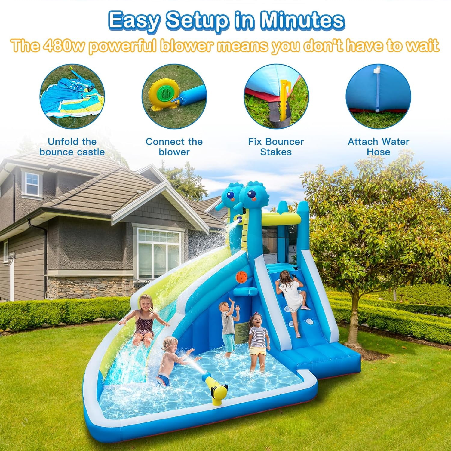 HEMOPOW 5-in-1 Inflatable Splash Park, Seahorse Water Slide with Climbing Wall, Water Cannon, Hoop & Blower for Indoor/Outdoor Backyard Fun, Ages 3+