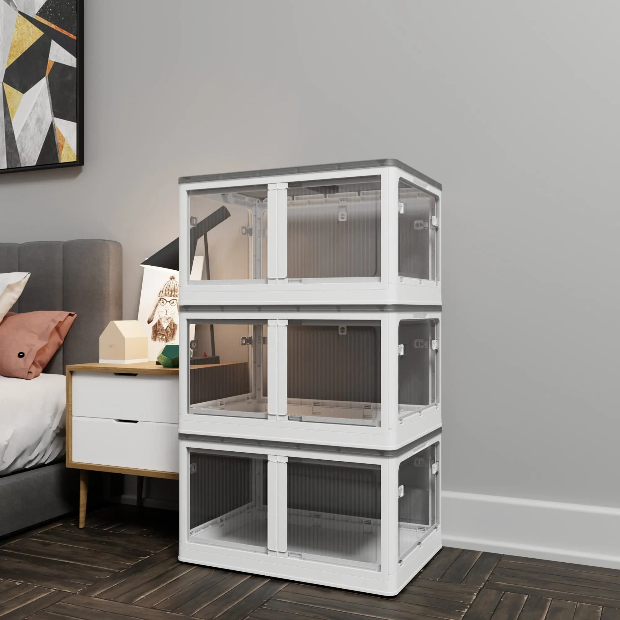 506QT 3-Pack Transparent Stackable Storage Bins with 5 Doors to Open with Wheels, Folding Plastic Craft Containers Large Closet Organizers Box for Bedrooms Living Rooms,White