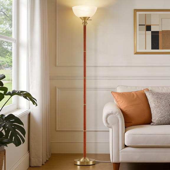 NATYSWAN Wood Floor Lamp for Living Room - Gold Standing Lamp with Glass Shade Torchiere Floor Lamps for Bedroom - Mid Century Modern Corner Tall Lamps for Home Office Nursery