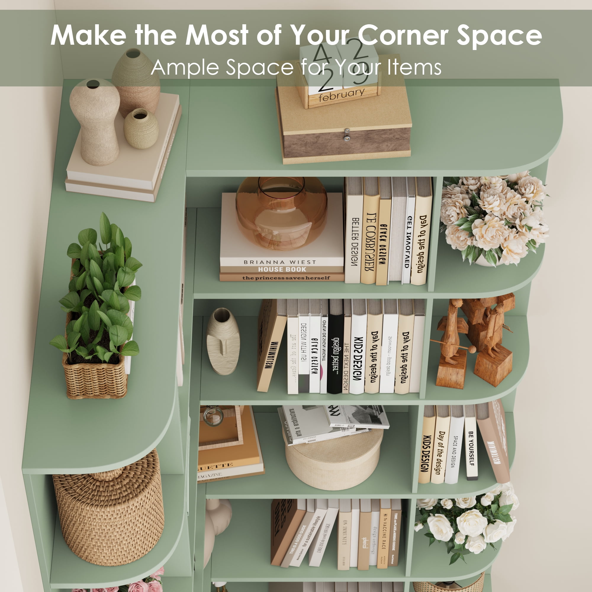 Homfa 73.9” Tall Corner Bookcase, 6 Tier L-Shaped Large Display Bookshelf with Curved Edges for Living Room Home Office Study, Green