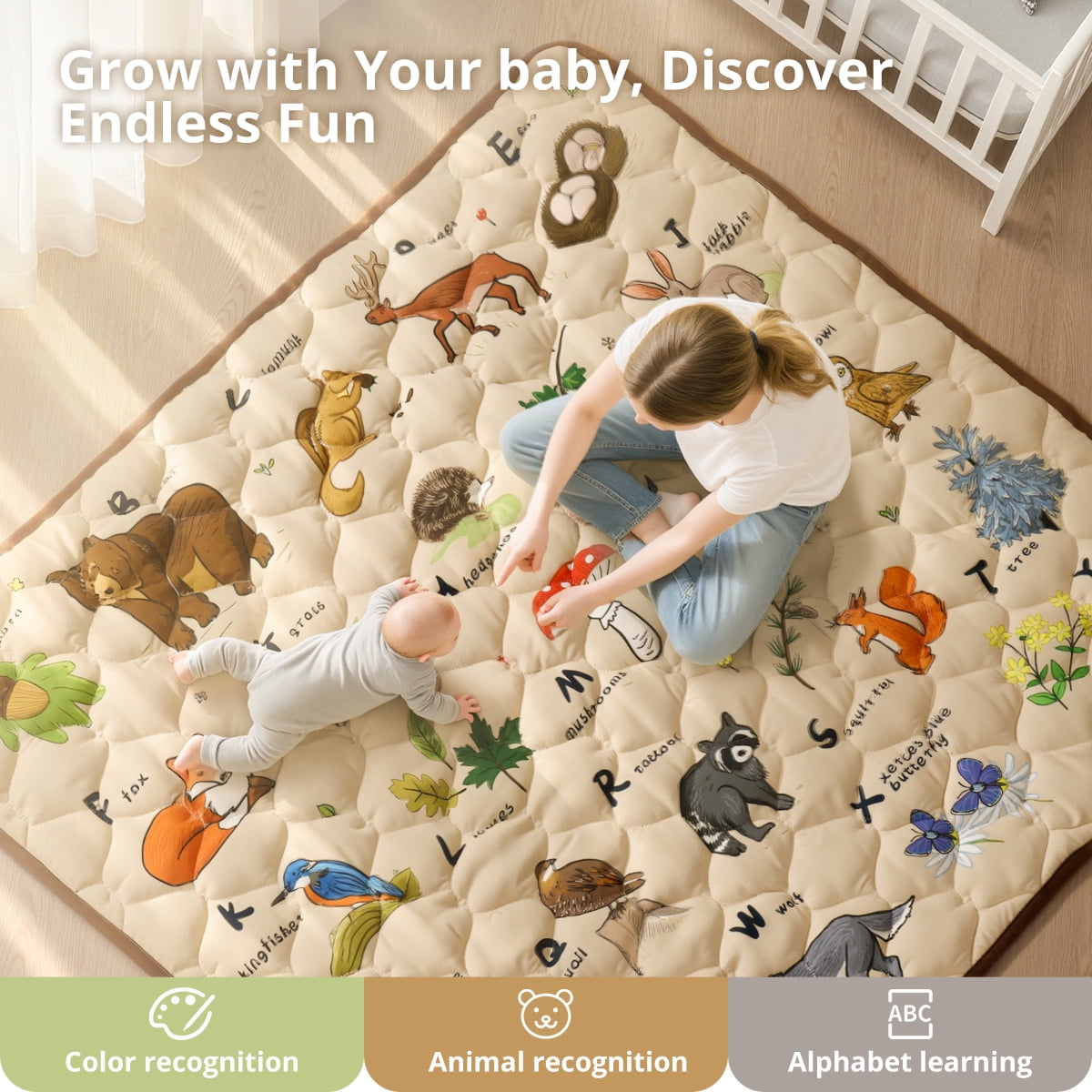 Baby Play Mat, Caveen Thicken Soft Cotton Baby Playmats, Foldable Anti-Slip Floor Crawling Playmat Playpen Mat for Infants and Toddlers, 50"x50", Brown