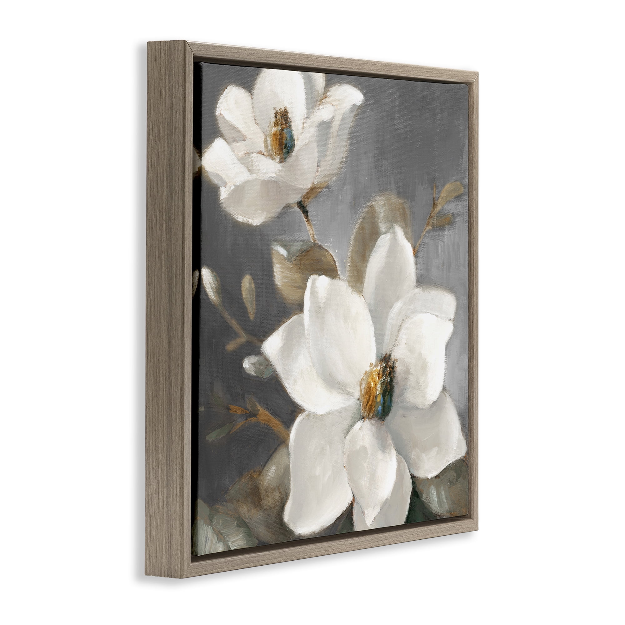 Stupell Industries Magnolias on Grey Botanical & Floral Painting Brown Floater Framed Canvas Art Print Wall Art, 18 x 18