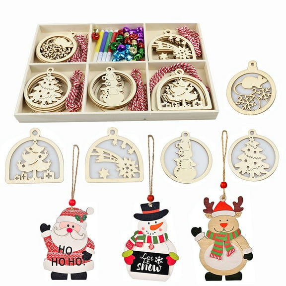 Dsseng Wooden Christmas Ornaments for Crafts DIY Ornament Kit, 5 Style Unfinished Wood Slices with Holes Christmas Crafts for Kids Centerpieces Holiday Hanging Decorations