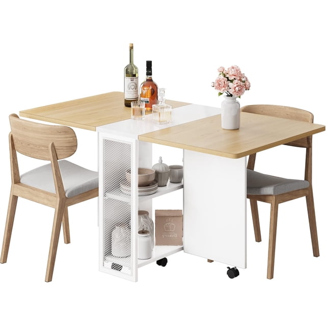 Bingirl Space Saving Table with 2-Tier Storage, Folding Dining Table Extendable Drop Leaf Rectangular Collapsible & Expandable Table Set
