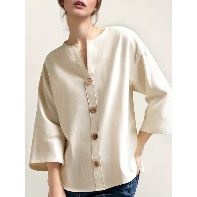 QUTETN Solid Color V-Neck Linen Shirt Women'S Casual Loose Button Shirt Top