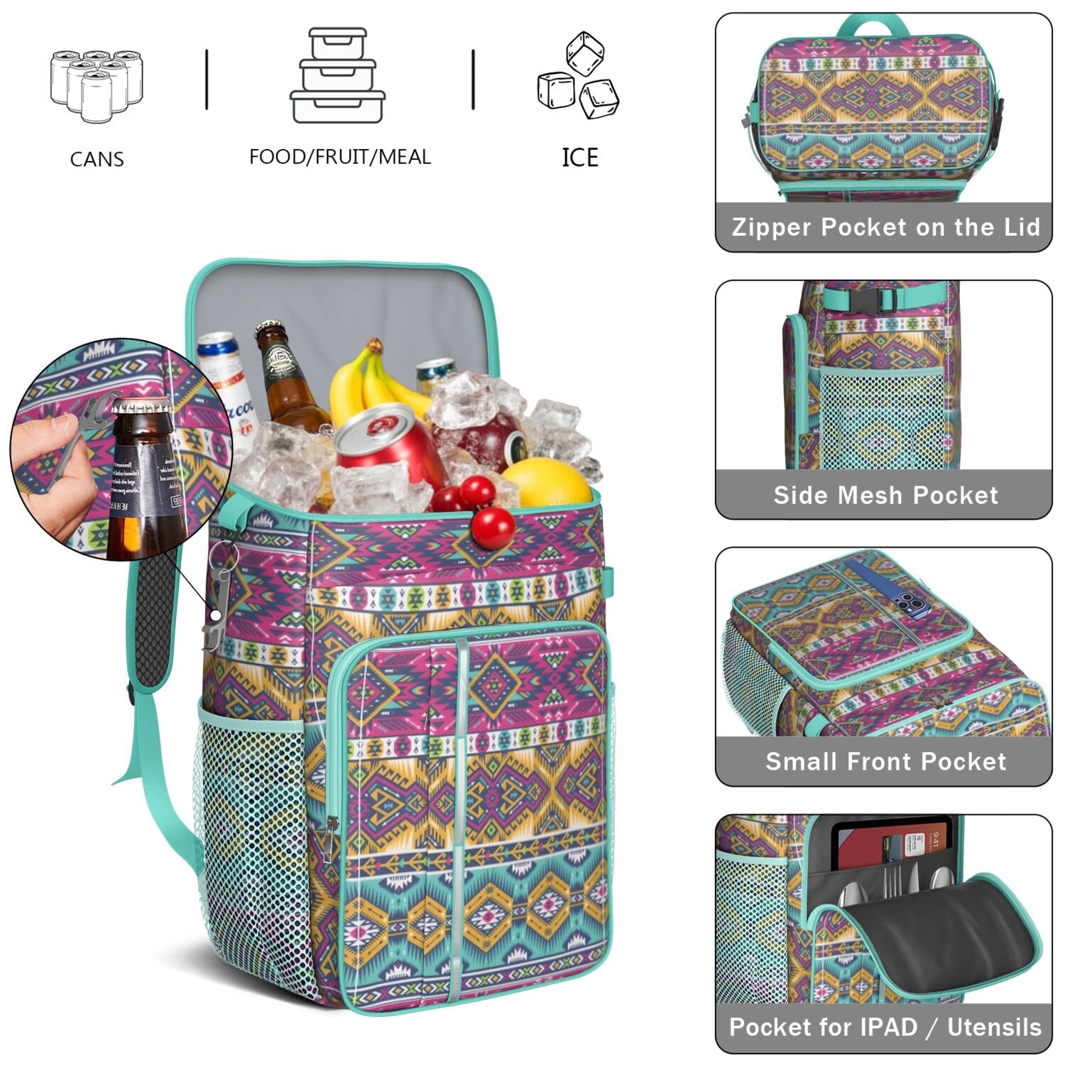 Travel Cooler Bag - Boho Bohemia Pioneer Flower Geometric Line Art Camping Beer Cooler Backpack with Bottle Opener- Waterproof Insulated Picnic Backpacks - Cooler Bag for Beach