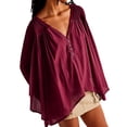 thumbnail image 1 of SUNSIOM Women Long Sleeve T-Shirts Solid Color V-Neck Buttons Casual Shirts Spring Fall Fashion Irregular Loose Tunic Tops, 1 of 5