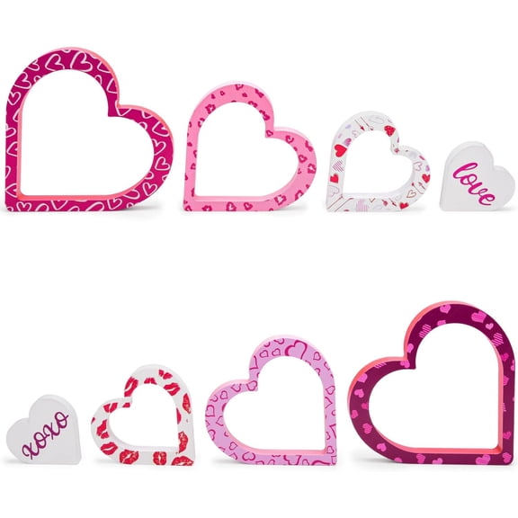 AHeartcove Wooden Valentines Day Decor - 4 PCS Double-Sided Cute Wood Heart Signs for Valentines Decorations - Valentines Day Decorations for The Home, Table, Tiered Tray, Mantel, Office, Bedroom