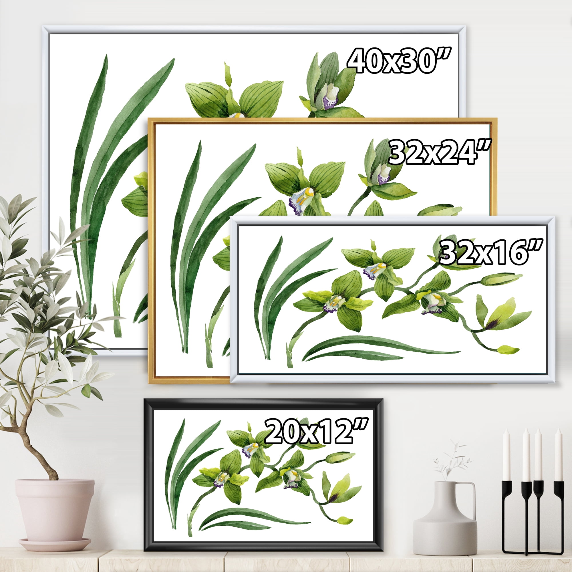 Designart 'Green Orchid Flowers On White' Traditional Framed Canvas Wall Art Print