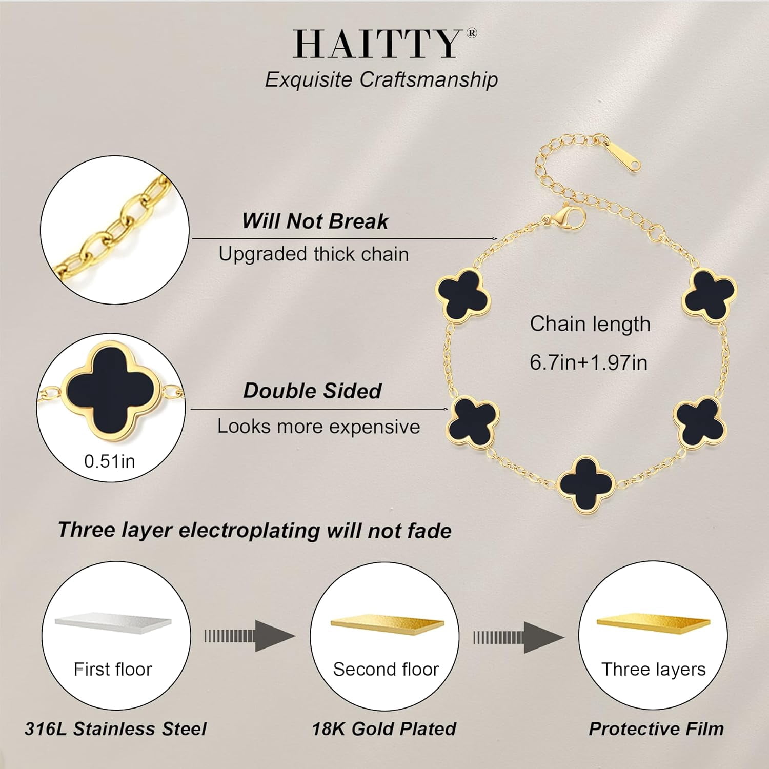 18K Gold Plated Clover Bracelet Set for Women White/Black/Gold/Silver/Green/Pink Adjustable Link Double-Sided Lucky Bracelets Trendy Bracelets Set Jewelry Gifts for Women Men