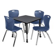 Regency 30 in. Kee Square Height Adjustable Mobile Classroom Table, Grey & 4 Andy 18 in. Stack Chairs - Navy Blue