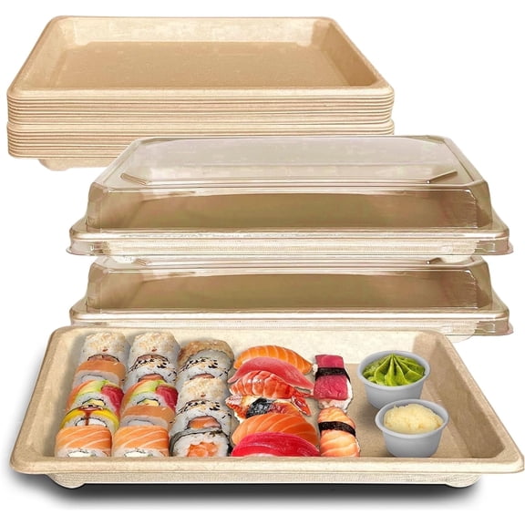 EcoQuality 1.5 L Beige Plant Fiber Sushi Tray with Lid, Rectangular, 25 Pack