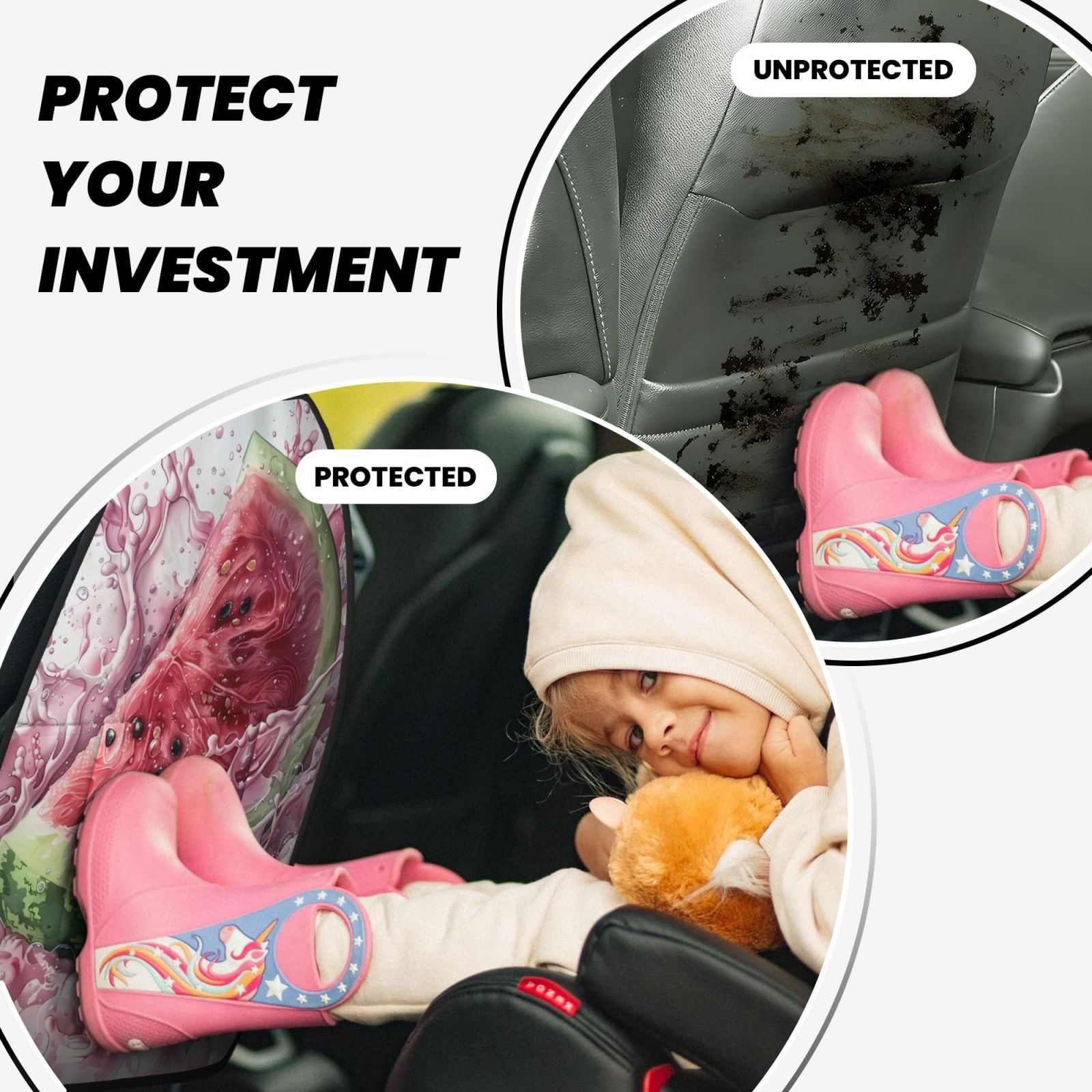 Kdxio Watermelon Splash Realism Art Print 2 Pack Car Kick Mat Seat Cover Back Protector Mat with Pockets for Organizer Backseat Protector and Storage Anti Kick Pad for Vehicles