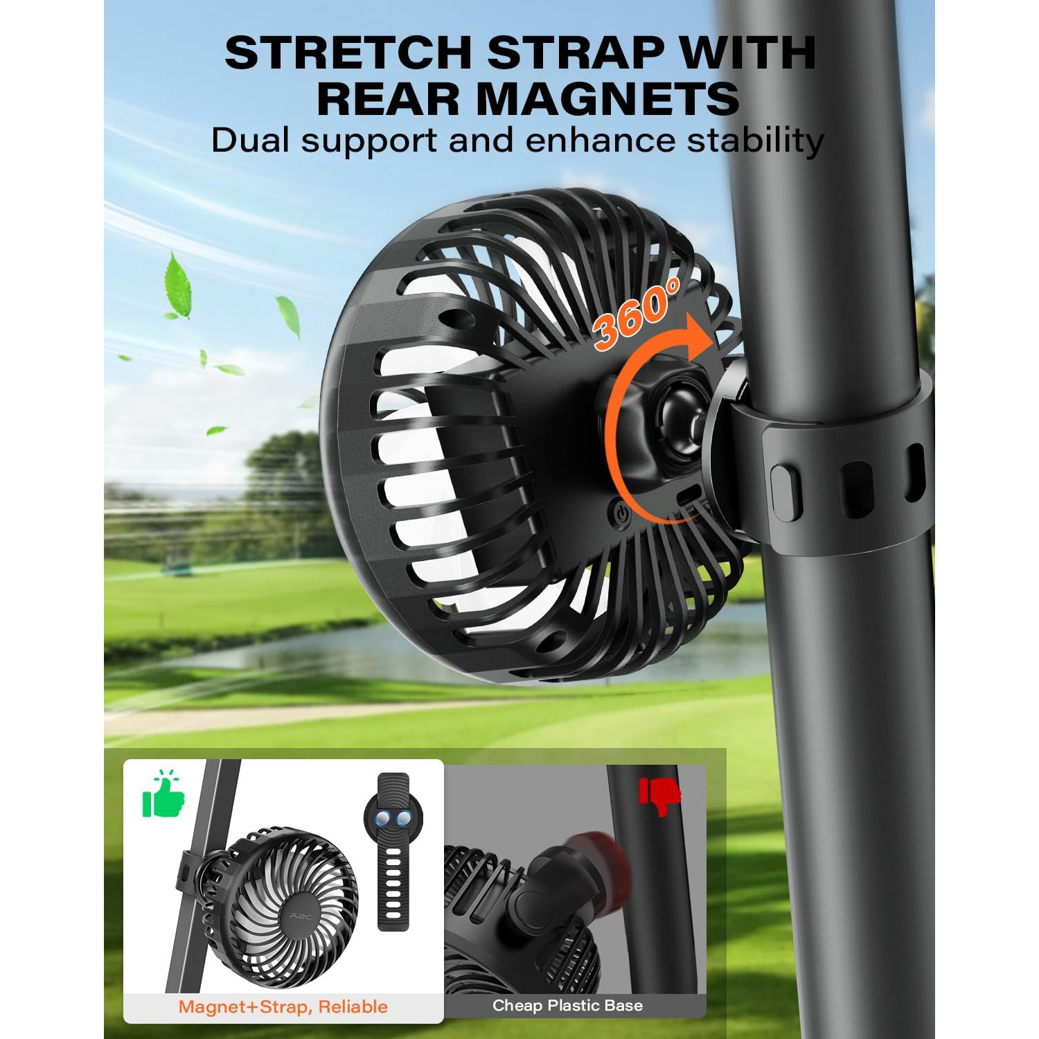 A2C Portable Fan with Adjustable Strap, Hands-Free Rechargeable Fan for Golf Cart, Forklifts, Lawn Mowers, 3 Speeds