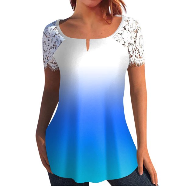 Mujeres Tops Casual verano encaje manga corta Split cuello túnica impresa camisetas camisetas Tops OAVQHLG3B Store lin121212