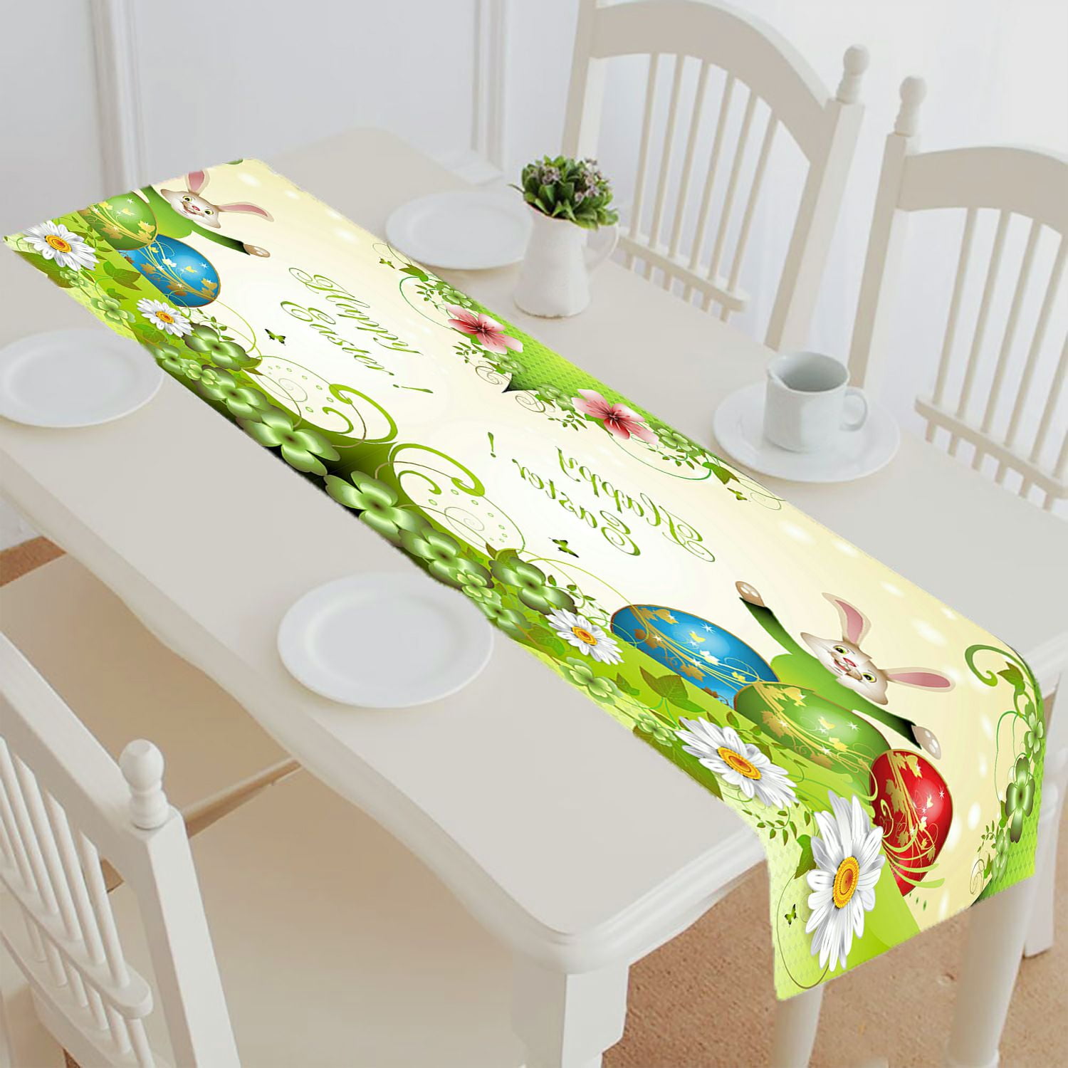 ABPHQTO Easter Bunny Flowers Decorated Eggs Table Runner Placemat
