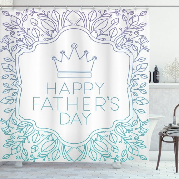 Father's Day Shower Curtain, Vibrant Frame Inspired Pattern Crown and Floral Leafy Motifs, Fabric Bathroom Set with Hooks, 69W X 75L Inches Long, Dark Seafoam Mauve and White, by Ambesonne