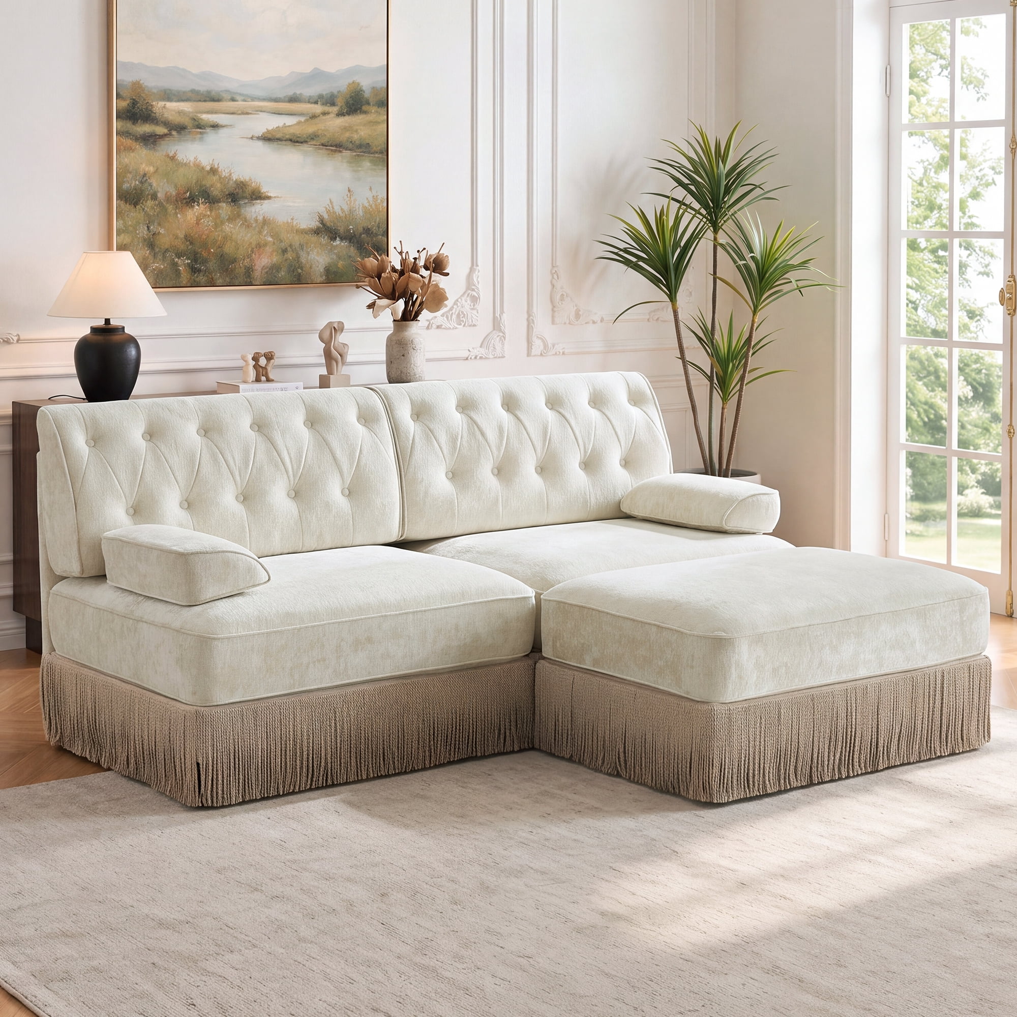 76.6" Chesterfield L-Shaped Modular Sectional Loveseat Sofa Set with Ottoman and Tassel Skirt, Easy to Assemble